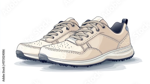 Pair of beige leather golf shoes with laces, spikeless soles, and perforated detailing. photo