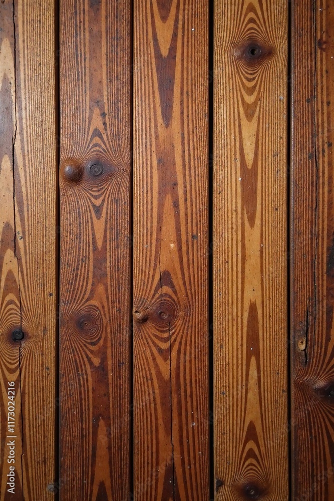 Naklejka premium Worn and weathered red oak wood floor with cracks, natural textures, rustic flooring