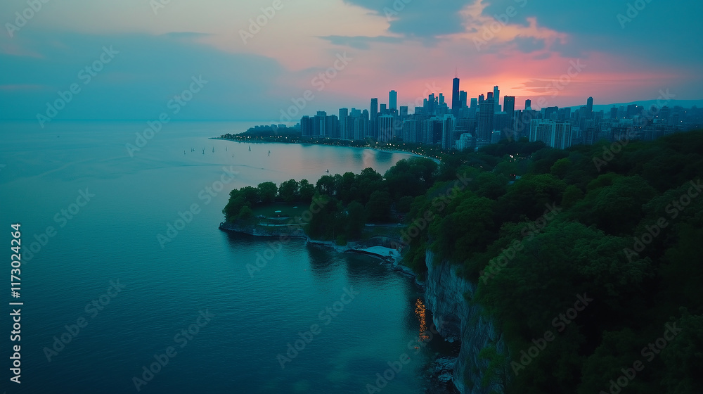 Naklejka premium City skyline illuminated by sunset with serene waterfront and lush greenery nearby