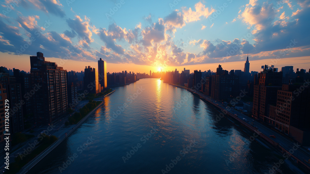 Fototapeta premium City skyline bathed in golden hues as sunset reflects on a tranquil river