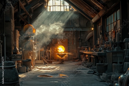 Furnace glowing with intense heat, glassblowers shaping molten glass into beautiful objects, warm atmosphere photo