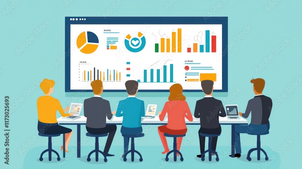 Business team analyzing data on a large screen. Business team analyzing data on a large screen.