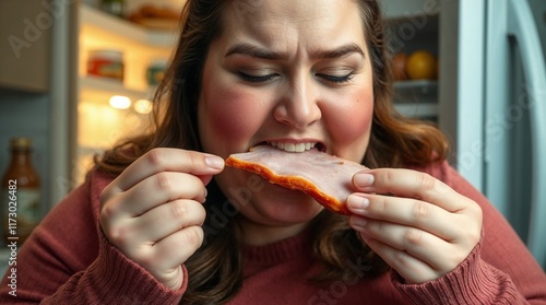 Woman biting into food eagerly in front of refrigerator photo