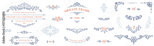 Ornate handdrawn elements, frames, labels, scroll, logos, floral motifs. For branding, graphic design, packaging, stickers, business and greeting cards, invitations, menu, diplomas.