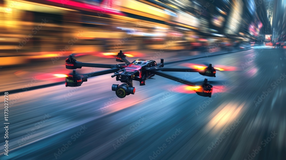 Obraz premium high speed racing drones in action, motion blurred city street