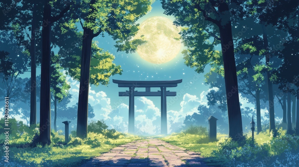 Serene Moonlit Path Through a Tranquil Forest Shrine Serene Moonlit Path Through a Tranquil Forest Shrine
