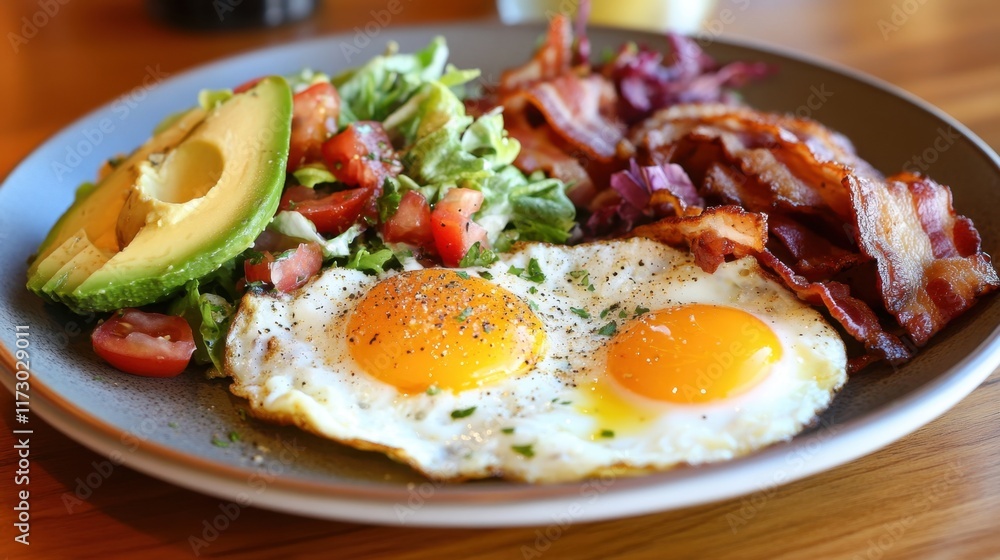 Delicious breakfast plate with sunny side eggs, bacon and avocado Delicious breakfast plate with sunny side eggs, bacon and avocado