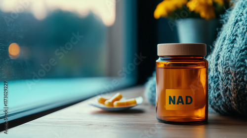 Drinking vitamins while relaxing near a window in a cozy setting during the evening
