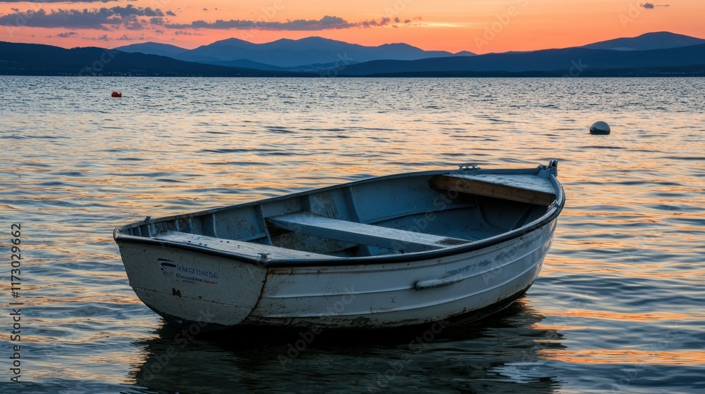 Fototapeta premium Serene Sunset: A Small Rowboat on Calm Lake Waters