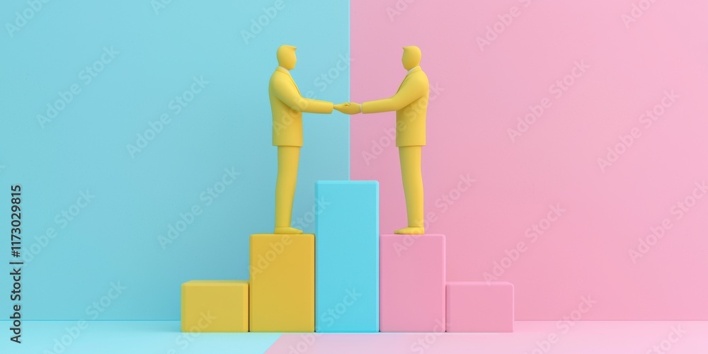 Business Partnership Concept with Yellow Figures on Colorful Blocks Business Partnership Concept with Yellow Figures on Colorful Blocks