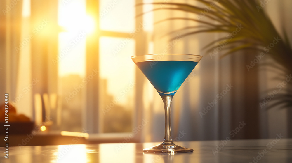 Blue cocktail in martini glass by window at sunset. Blue cocktail in martini glass by window at sunset.