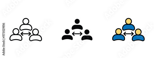 Set of 3 "Mediator" icons with 1 line, 1 silhouette n 1 colored icon with an unexpanded vector inside - Icon representing mediation with two figures connected by balanced scale Ideal for conflict res
