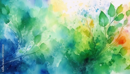 Vivid Watercolor Nature Scene with Vibrant Green Leaves and Abstract Brush Strokes in Blue and Orange for Eco Themed Art and Design

 photo