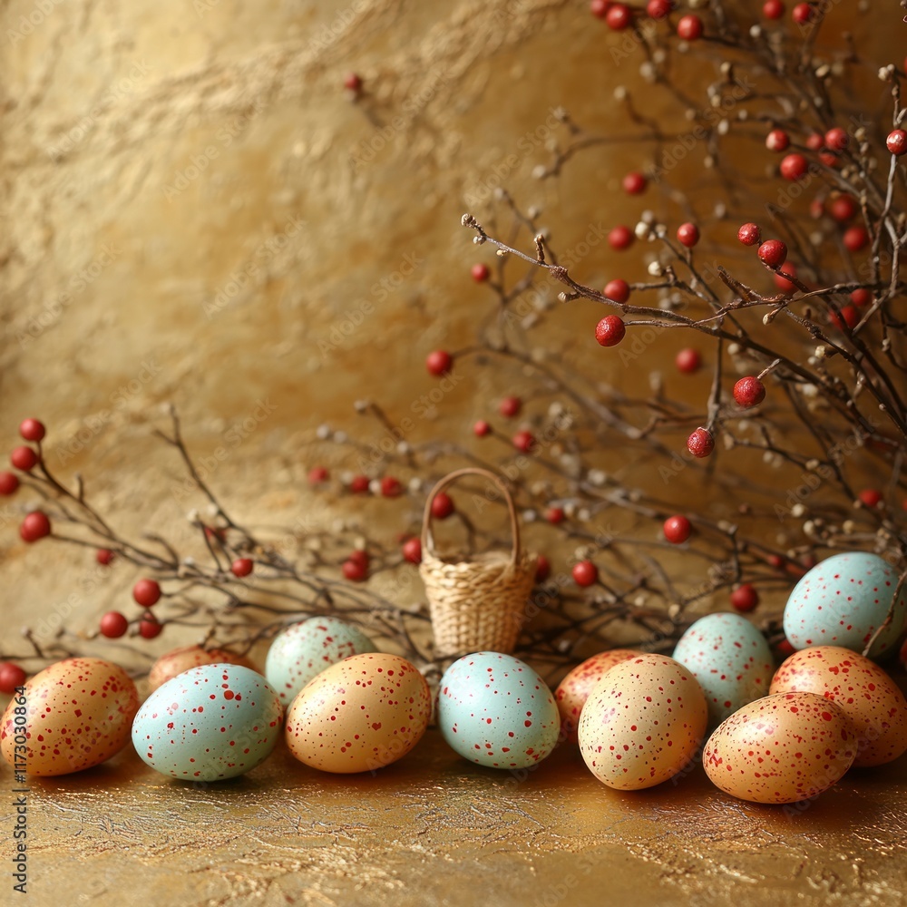 Fototapeta premium Colorful Easter Eggs and Decorative Accents with Golden Background for Festive Celebrations and Creative Holiday Themes
