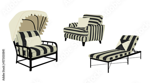 Beach furniture Set. Outdoor, porch zone, garden, patio furniture with striped covers. Cozy garden yard interior elements, armchair, chair, sofa, lounger, sunbed. Vector illustrations isolated.