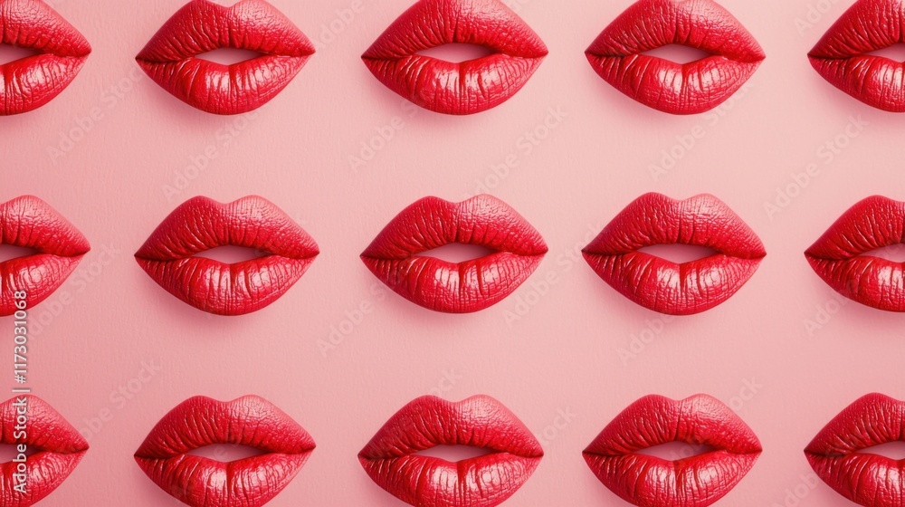Obraz premium Red lipstick kiss marks on pink background