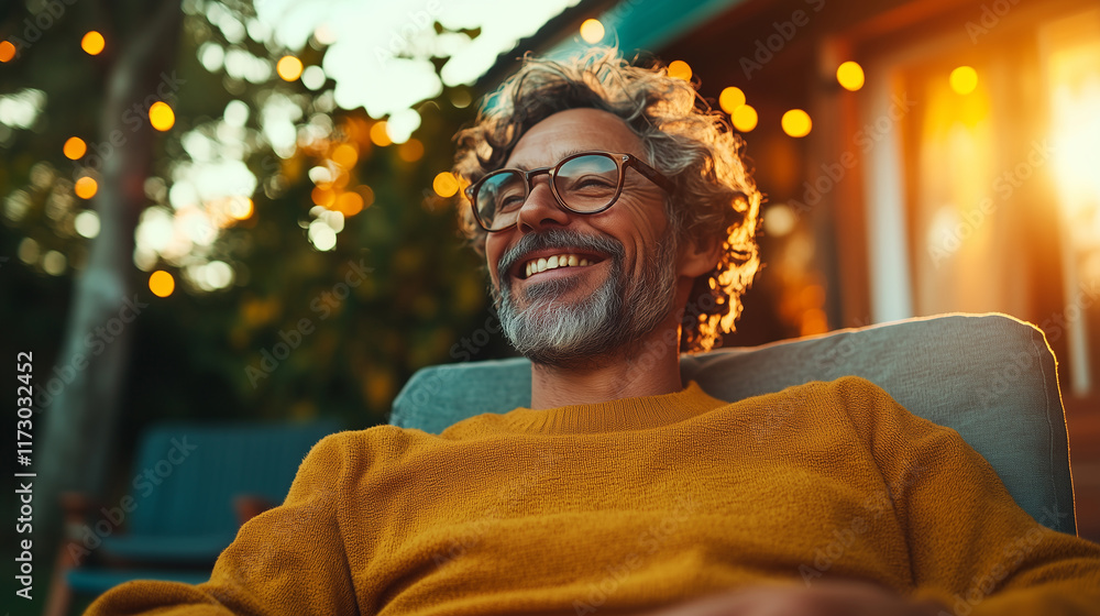 Fototapeta premium Multi-generational family gathers for a joyful meal in a warm outdoor setting during golden hour