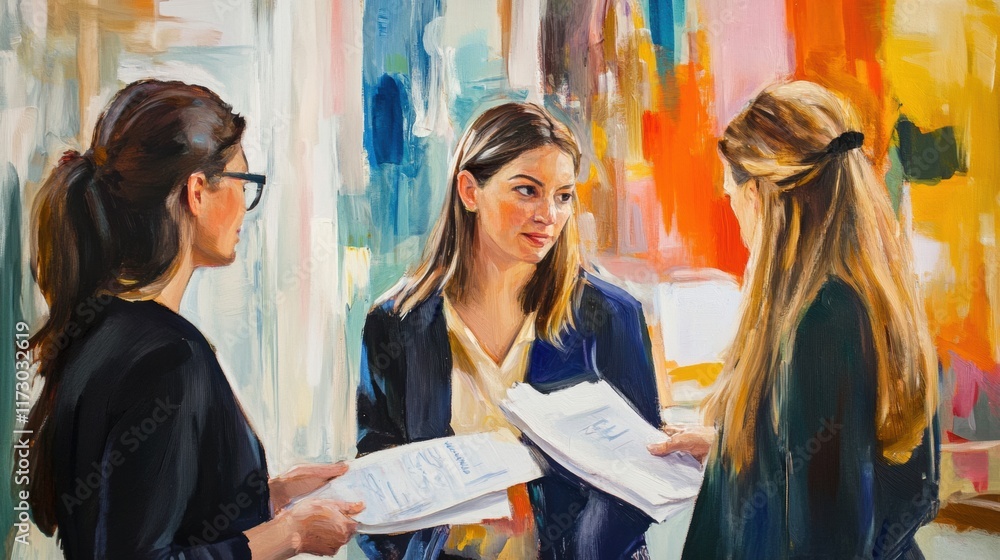 Obraz premium A document transfer moment in a professional environment, with women interacting naturally in a focused yet approachable manner