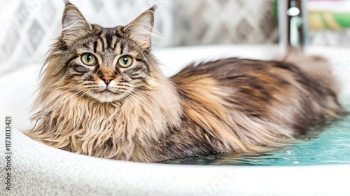 Maine Coon cat soaking in a sink,  wet, fluffy, curious,  looking directly at camera,  domestic pet,  relaxing,  bathroom,  home,  clean,  animal,  cute,  pet care,  bathing,  adorable. photo