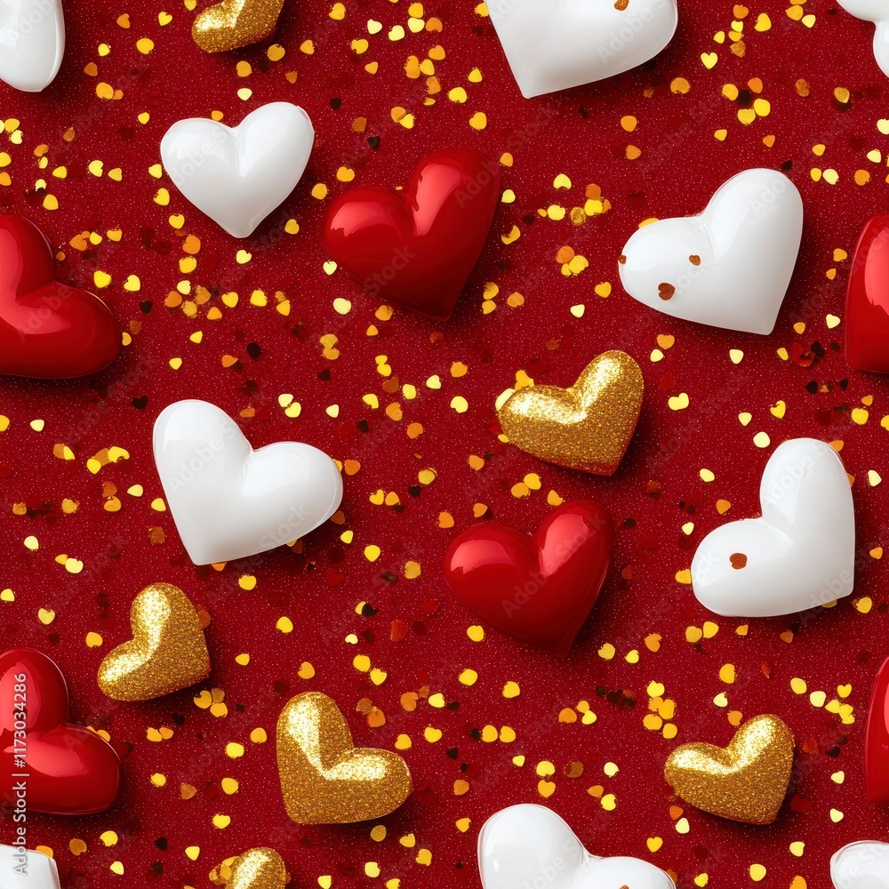 Obraz premium Abstract Pattern Featuring Red, White, and Gold Hearts on a Vibrant Background for Festive Occasions or Romantic Themes