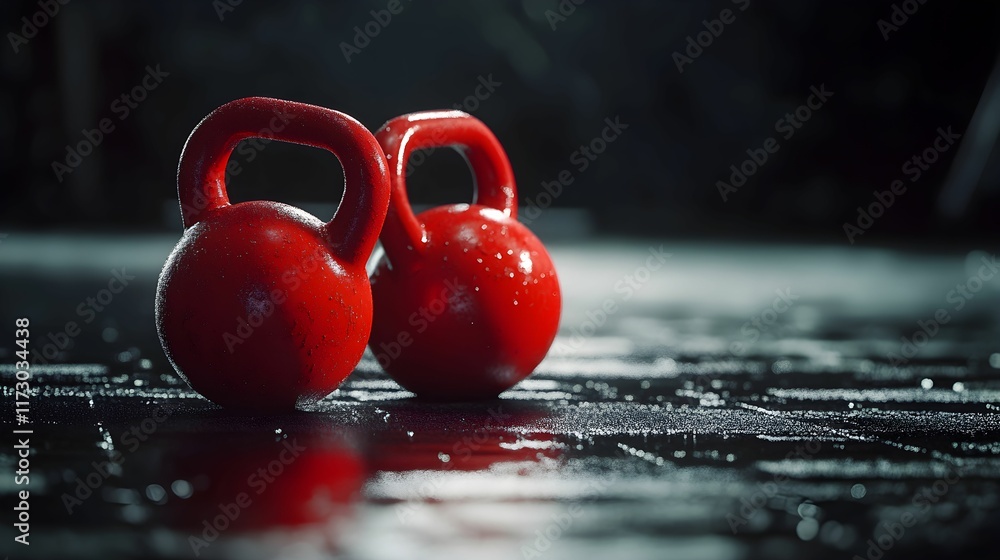 Naklejka premium kettlebell, sprzęt siłowy, trening fitness, siłownia, podłoga gumowa, czarne tło, czerwień, dynamiczny kadr, motywacja sportowa, minimalizm, nowoczesna siłownia, sprzęt do ćwiczeń, sportowe akcesoria,