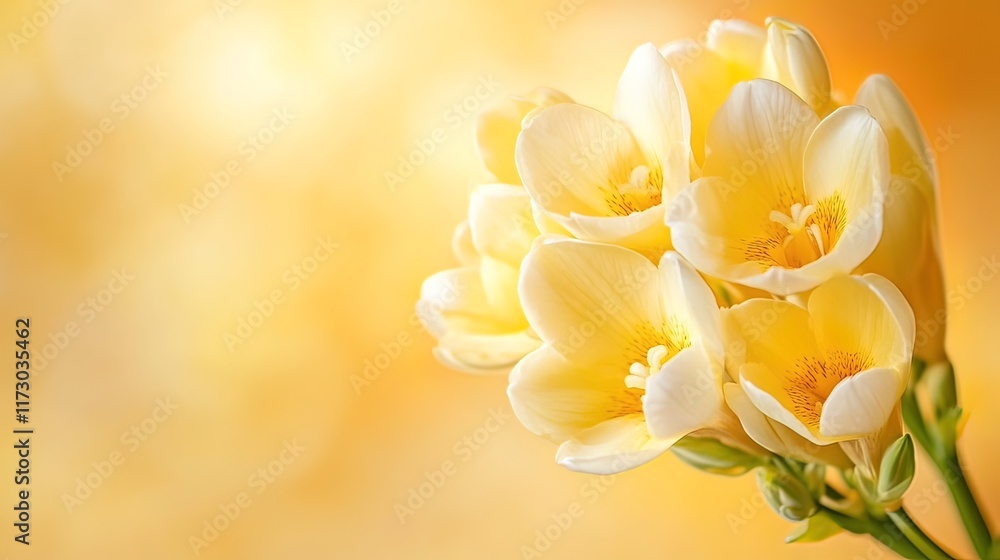 Obraz premium Close-up of a bouquet of pale yellow freesia flowers against a blurred golden background.