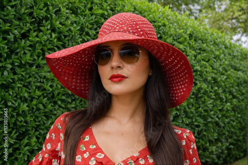 Portrait of a girl in a red dress and a red hat in sunglasses on a green background