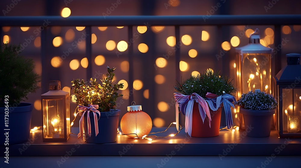Serene Holiday Balcony with Glowing String Lights, Lanterns, and Decorative Potted Plants. Serene Holiday Balcony with Glowing String Lights, Lanterns, and Decorative Potted Plants.
