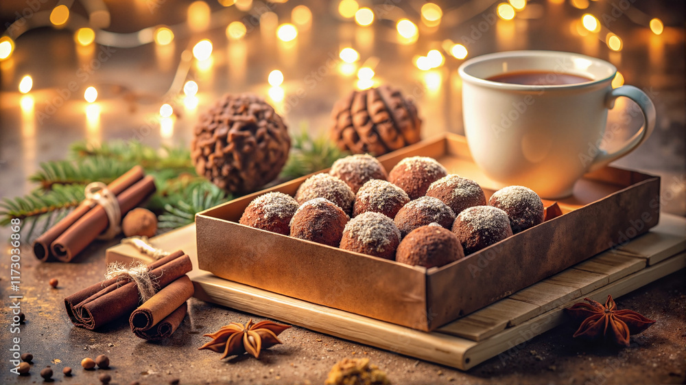 Truffles and coffee in holiday setting Truffles and coffee in holiday setting