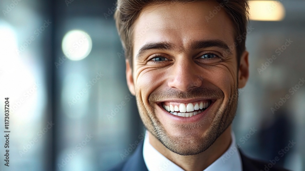 Cheerful Businessman in Formal Suit with Big Smile in Office Setting Cheerful Businessman in Formal Suit with Big Smile in Office Setting