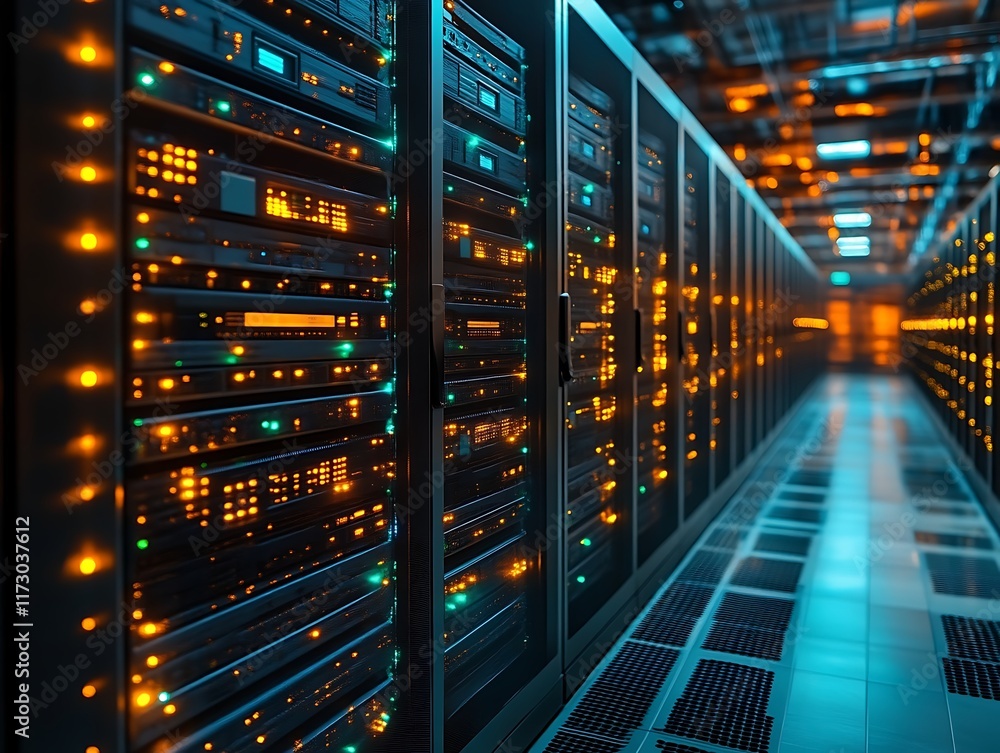 Illuminated server racks in a modern data center. Illuminated server racks in a modern data center.