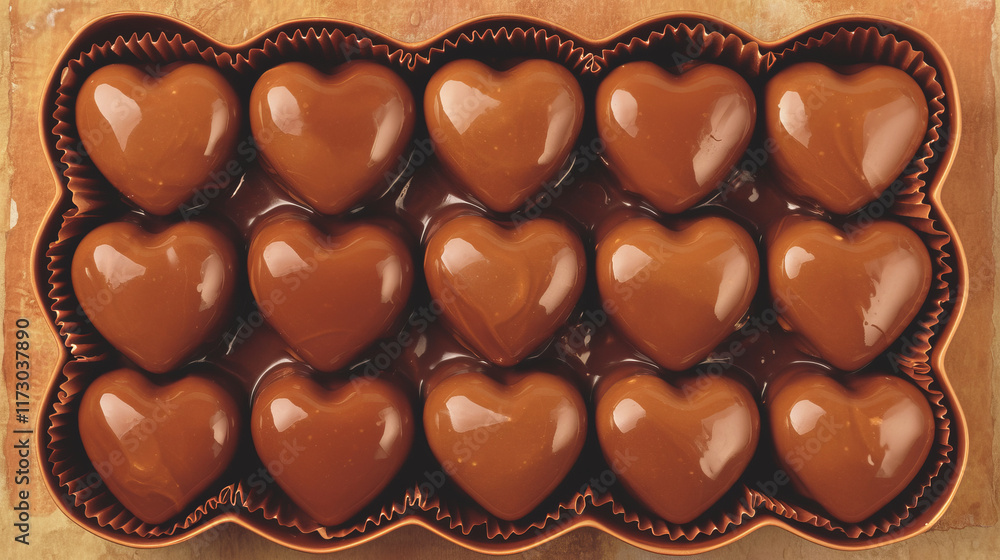 Fototapeta premium Delicious heart shaped chocolates arranged in decorative box, perfect for gifting