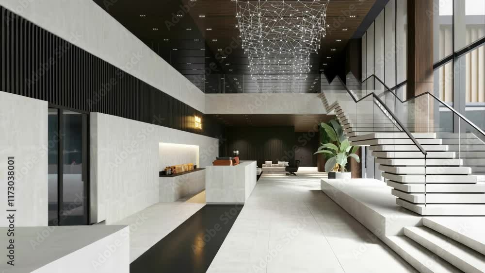 Modern interior design of a spacious lobby with glass chandeliers ...