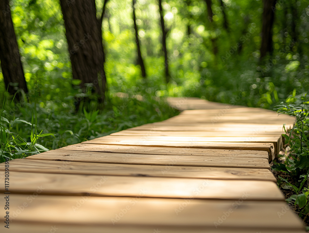 Wooden eco trail winding through lush green forest, inviting exploration and connection with nature Wooden eco trail winding through lush green forest, inviting exploration and connection with nature