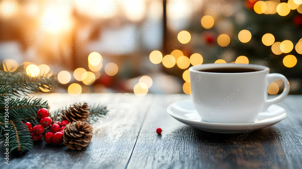 Cozy Christmas morning coffee by window, blurred festive lights and tree background; perfect for holiday greeting cards or seasonal promotions Cozy Christmas morning coffee by window, blurred festive lights and tree background; perfect for holiday greeting cards or seasonal promotions