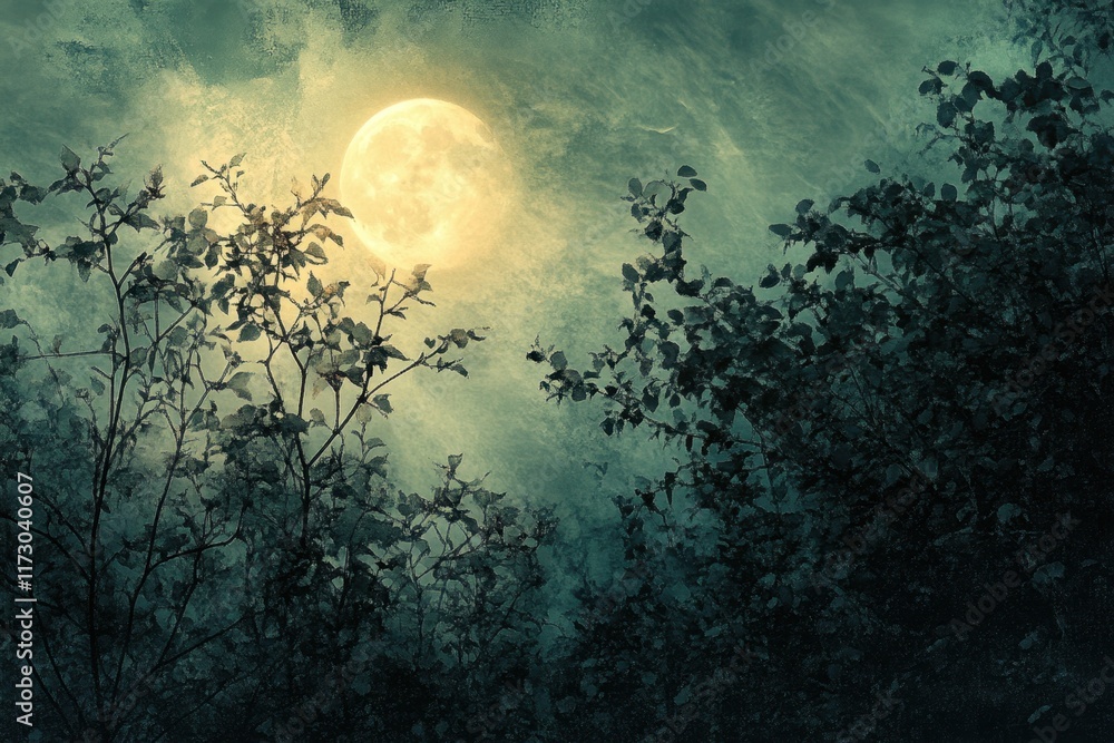 Naklejka premium Nighttime Forest Scene Illuminated by a Large Full Moon