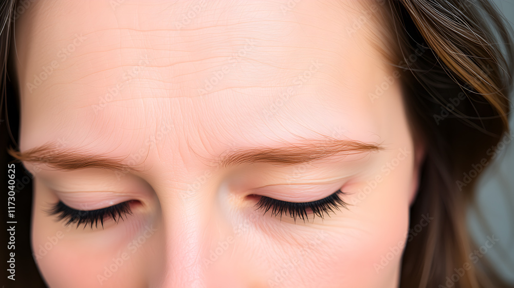 Fototapeta premium Woman's frown line wrinkles between eyebrows. Generative AI