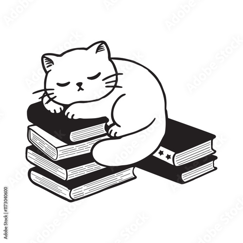 Lazy Cat Sleeping on Books Vector Illustration for Pet Lovers