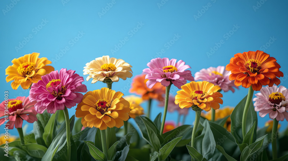 Obraz premium Vibrant zinnias in a garden bed under a clear blue sky, with bright tones capturing summer warmth,