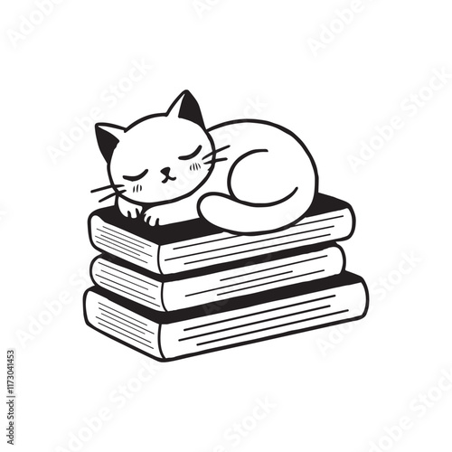 Charming Sleepy Cat Illustration Pet Relaxing on Stack of Books