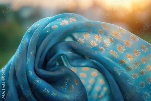 Luxurious silk scarf flowing in slow motion outdoor sunset textile art serene environment close-up view elegance in motion photo