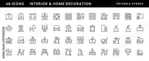 Interior icon collection. Home decoration, home design, furniture, chandelier, curtain, armchair and more. Editable stroke. Pixel Perfect. Grid base 32px.