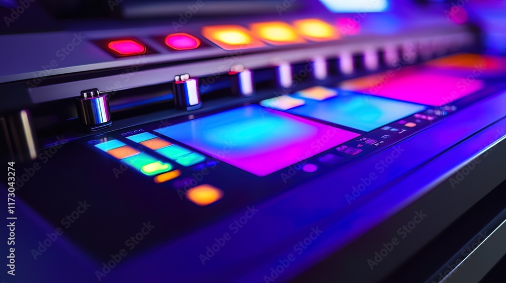 Close-up of a vibrant, illuminated control panel with colorful buttons and displays. Close-up of a vibrant, illuminated control panel with colorful buttons and displays.