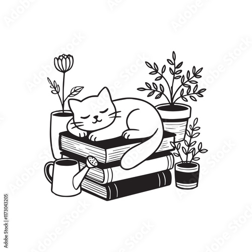 Adorable Sleepy Cat on Stack of Books Vector Illustration: Pet Sleep on Books ClipArt Design