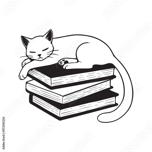 Adorable Sleepy Cat on Stack of Books Vector Illustration: Pet Sleep on Books ClipArt Design