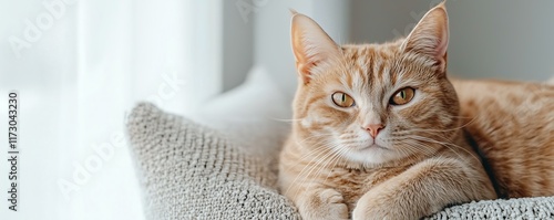 A close-up of a relaxed orange cat lounging on a cozy cushion in soft natural light. photo