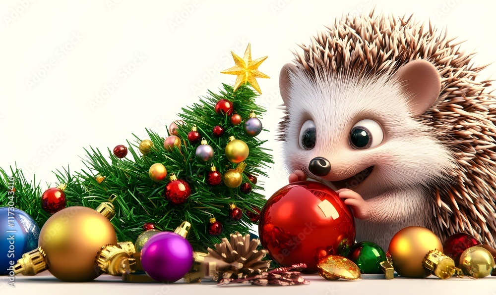 Cute hedgehog decorating miniature Christmas tree. Cute hedgehog decorating miniature Christmas tree.
