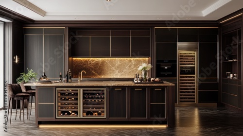 Wallpaper Mural A modern kitchen featuring dark cabinetry, a marble backsplash, and a wine storage area. Torontodigital.ca