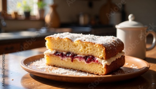 Lamington cake with invitiveness and appetizingness, Australian dessert on a wooden plate against a photorealistic kitchen background with copy space photo