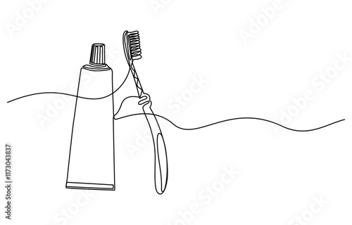 Continuous one line drawing of toothbrush and toothpaste, one line art toothbrush and toothpaste vector illustration. line art, one continuous line, Continuous line drawing toothbrush with toothpaste